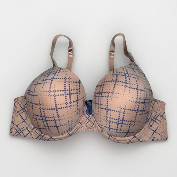 Simply Basic Plunge Bra 44B Nude with Blue Dot Grid Print Padded Underwire NWT - Picture 1 of 7